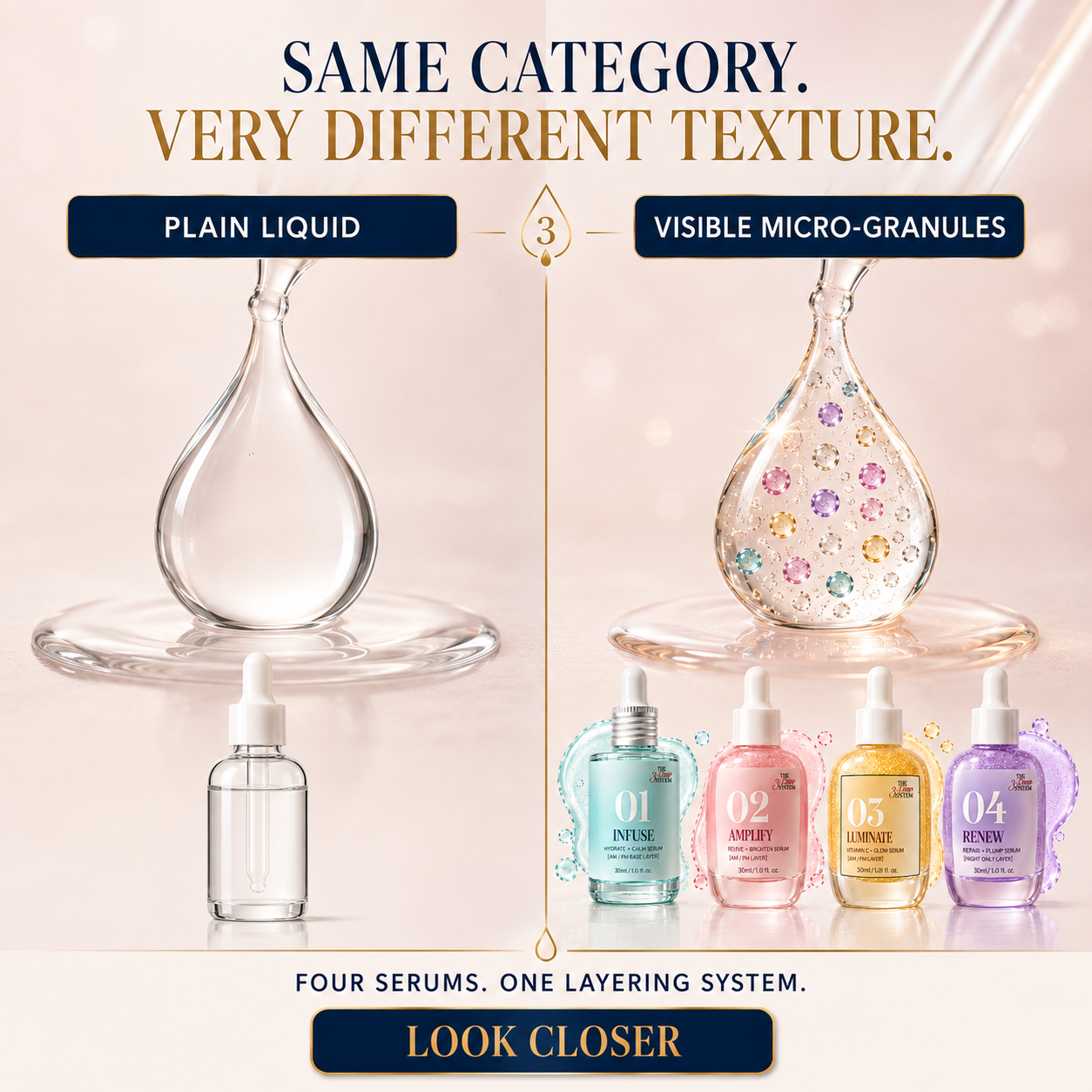 Same category, very different texture — plain liquid vs visible micro-granules, and the four serums of the 3-Drop System