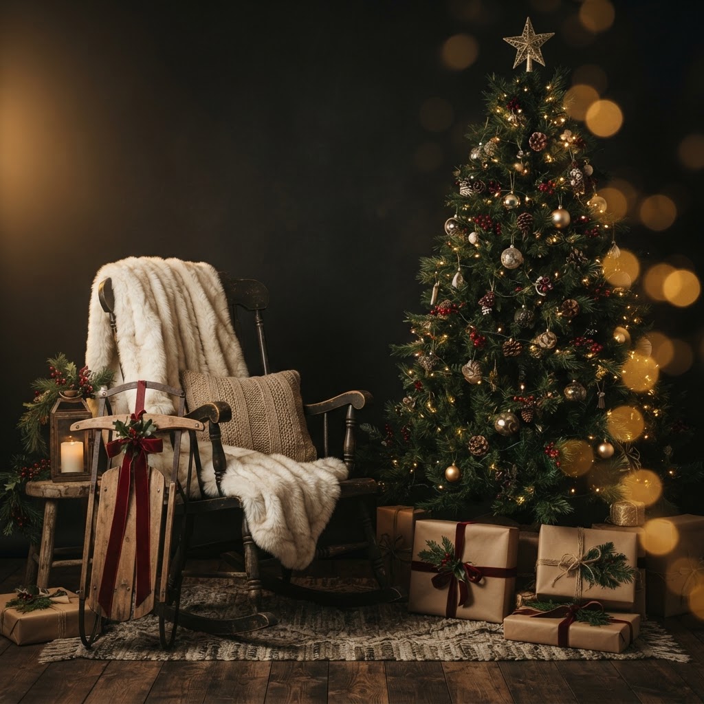 Cozy Christmas photography studio set with a decorated tree and warm golden lights