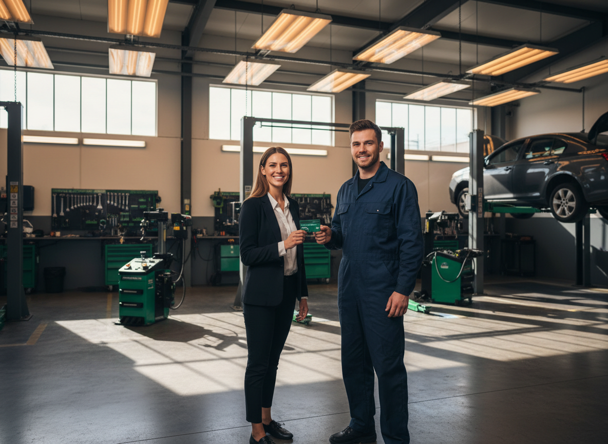 Modern auto repair shop with mechanic assisting customer