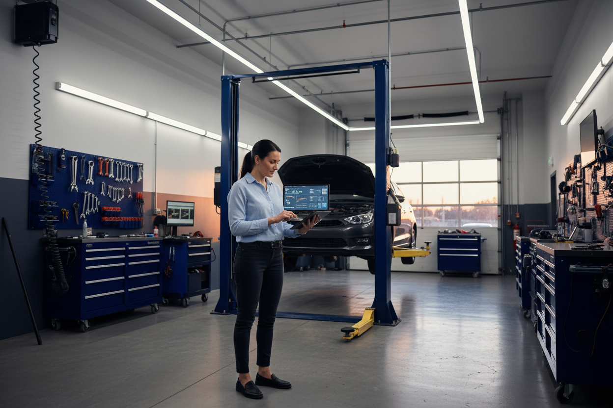 Auto shop owner reviewing customer data on tablet