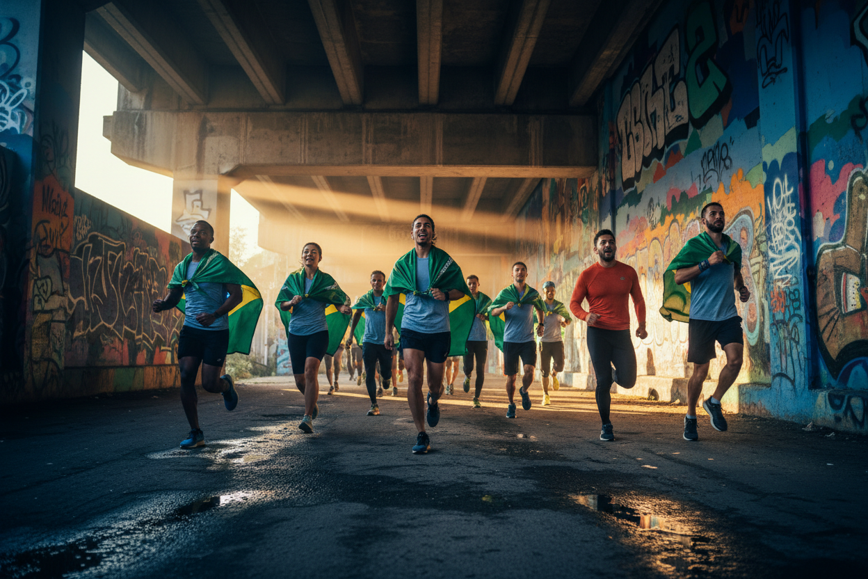 Diverse group of runners with Brazilian flags running through an Atlanta underpass