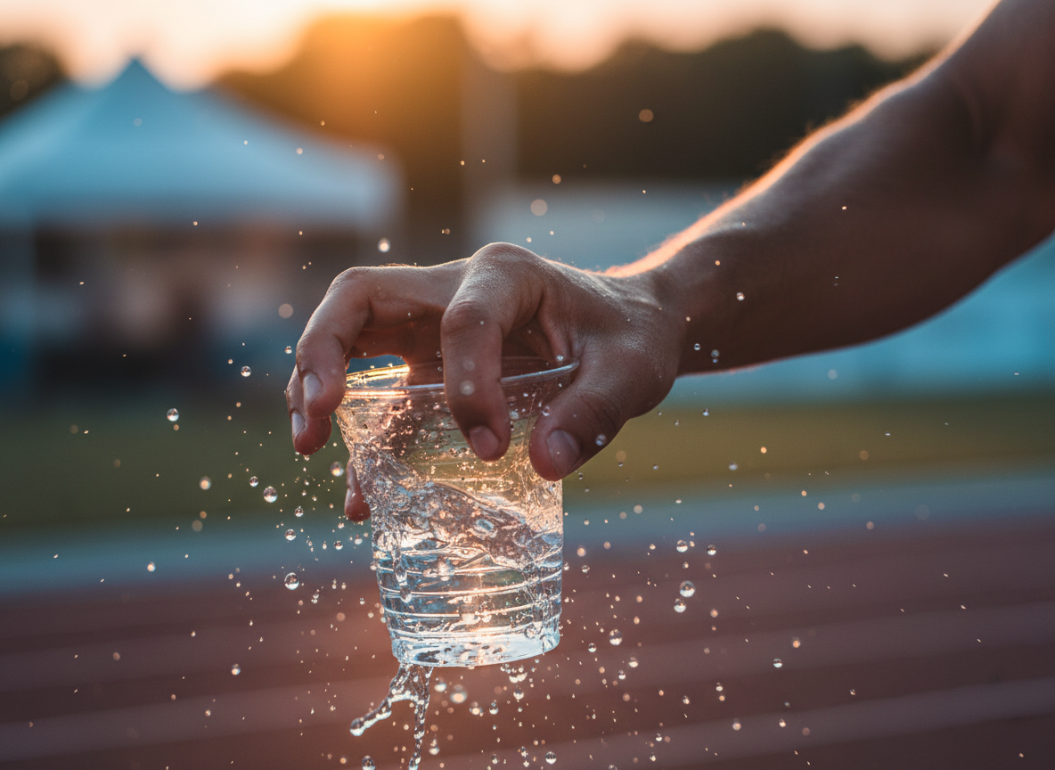 Close-up of a hand reaching for water with suspended droplets at golden hour