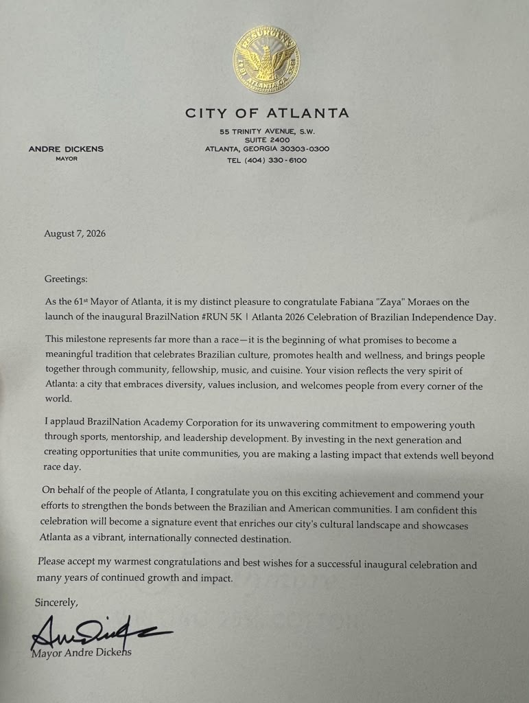 Official letter from Atlanta Mayor Andre Dickens congratulating BrazilNation #RUN5K