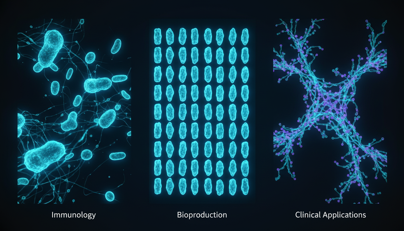 Triptych showing immunology, bioproduction, and clinical applications of predictive biology through cellular visualization
