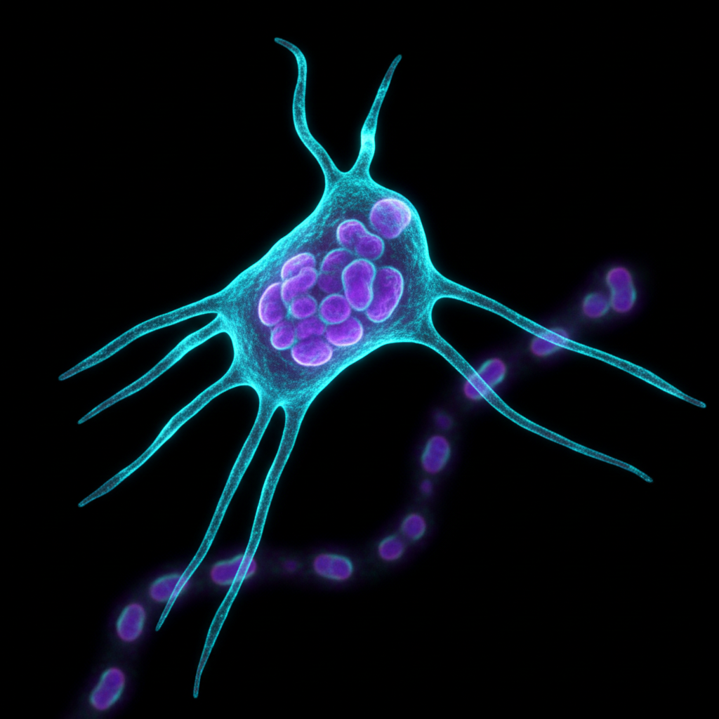Single immune cell extending pseudopods, showing dynamic cellular behavior captured through fluorescence microscopy
