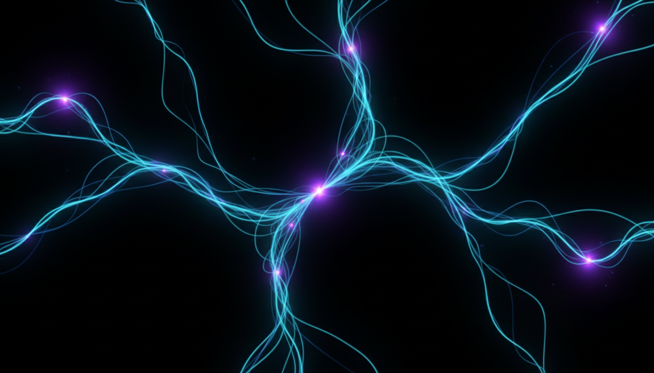 Cellular trajectories rendered as flowing light trails showing movement and behavior paths over time