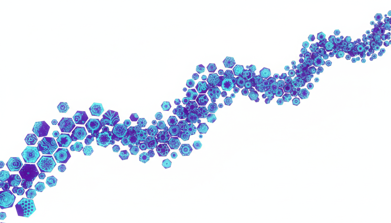 Abstract visualization of BioTokens - compact geometric data representations encoding dynamic cellular behavior patterns