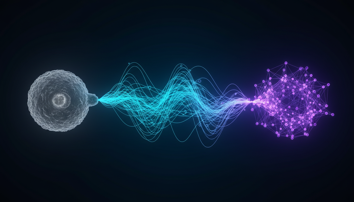 Visualization showing the transformation from static cellular snapshots to dynamic biological trajectories that reveal predictive patterns