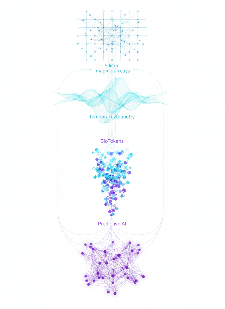 Vertical pipeline visualization showing Silicon Imaging Arrays flowing through Temporal Cytometry to BioTokens and Predictive AI Models