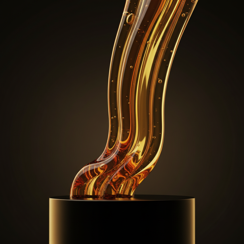 Golden amber machinery lubricant oil with viscous flowing texture
