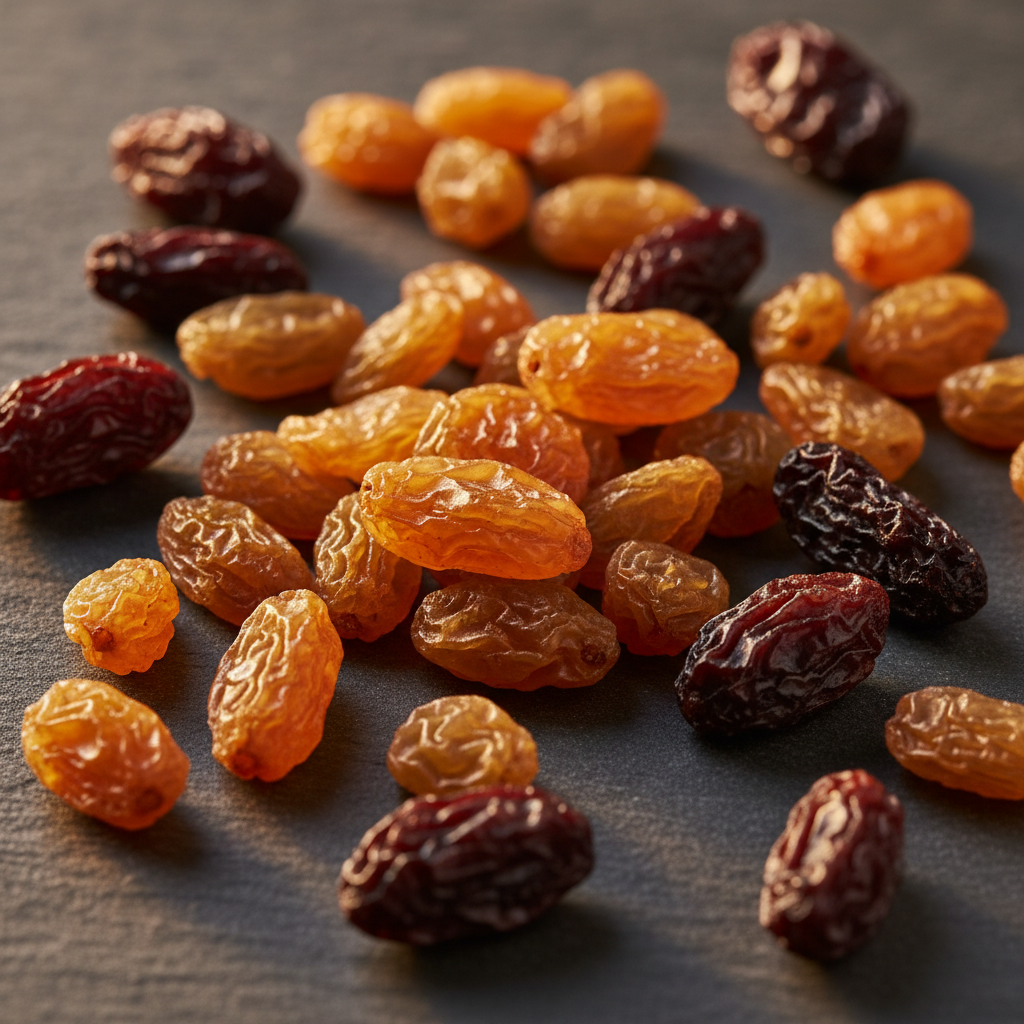 Dried golden raisins and dark sultanas with rich amber texture