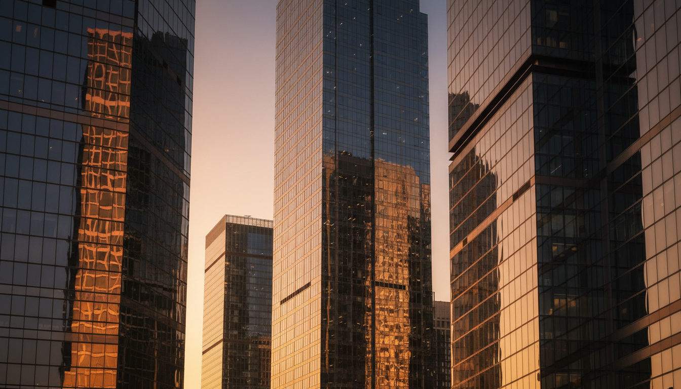 Modern architectural buildings at golden hour showing geometric glass and steel structures