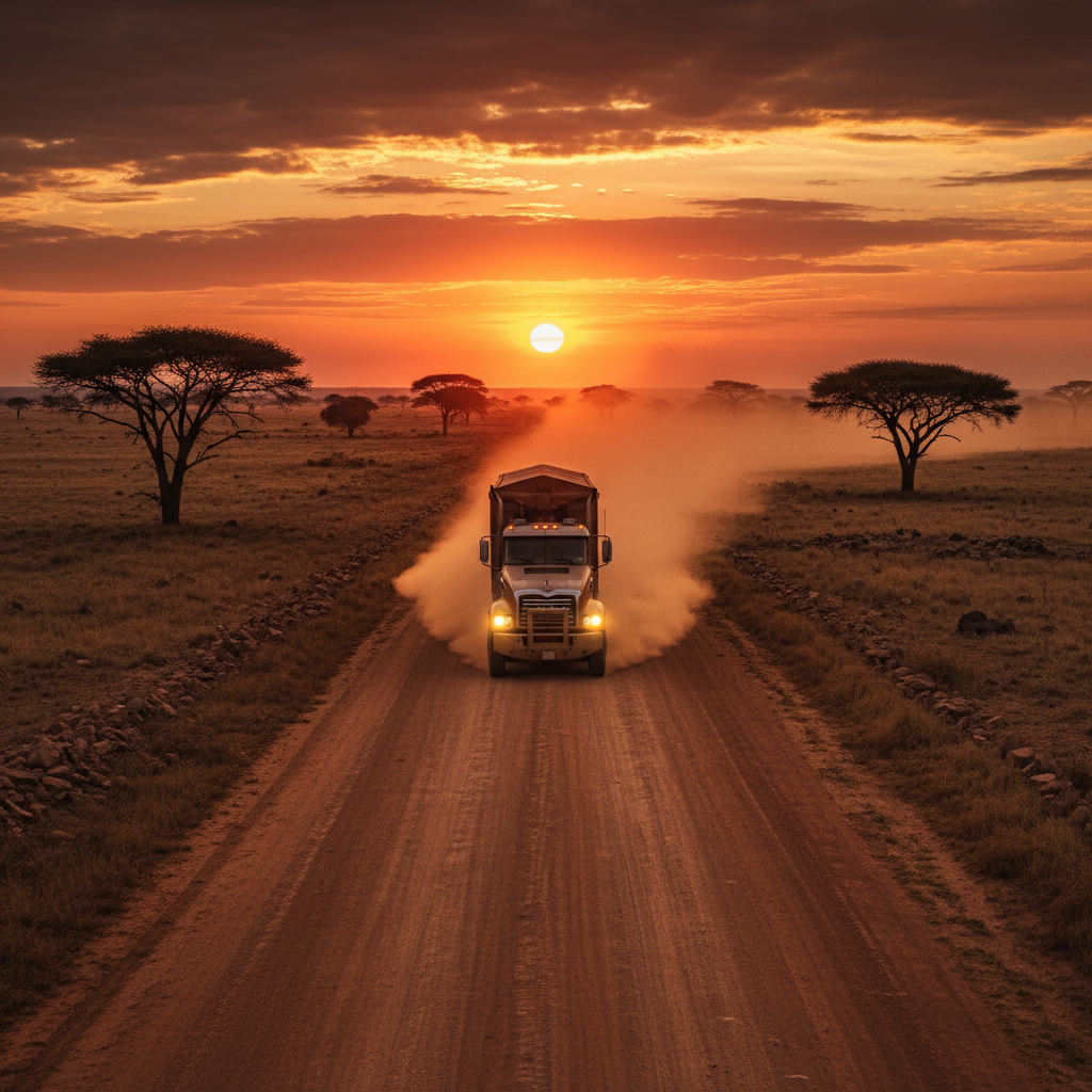 Heavy-duty truck driving along a vast African highway through savanna at golden sunset