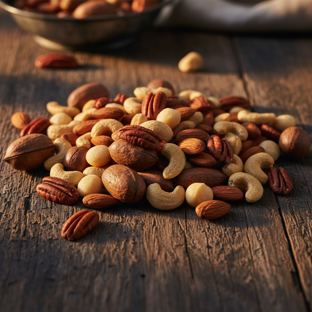 Assorted premium nut varieties — pecans, almonds, cashews, and macadamias