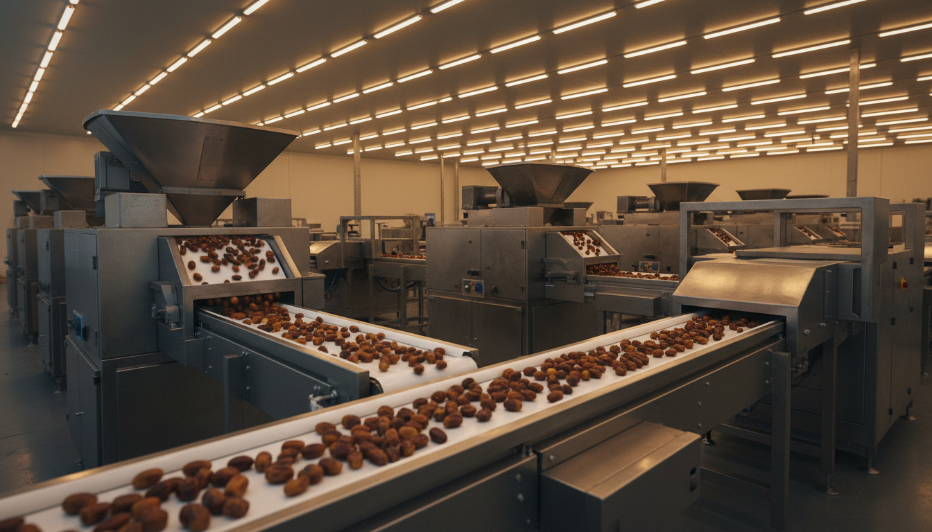 Interior of a modern date processing plant with stainless steel machinery and conveyor belts