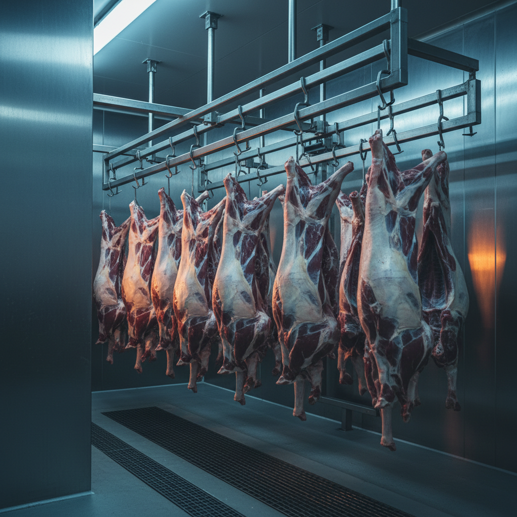 Premium export-grade lamb carcasses hanging in a cold storage processing facility