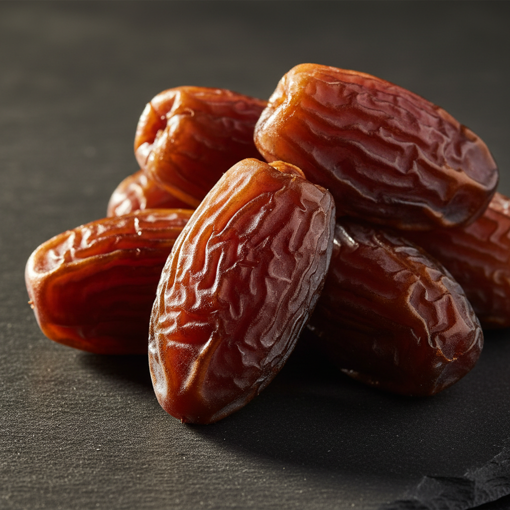 Premium Medjool dates with rich dark brown and amber glossy texture