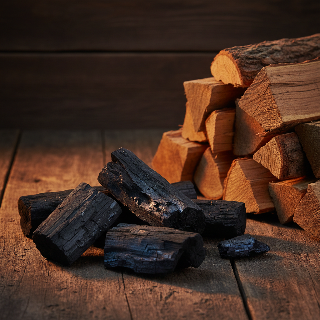 Natural hardwood charcoal and stacked split firewood logs on dark rustic surface
