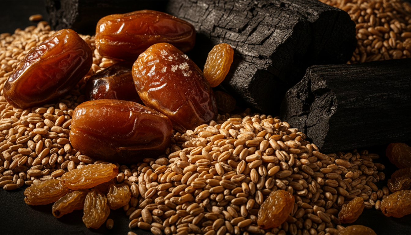 Close-up textures of agricultural trading commodities including dates, charcoal, and grains