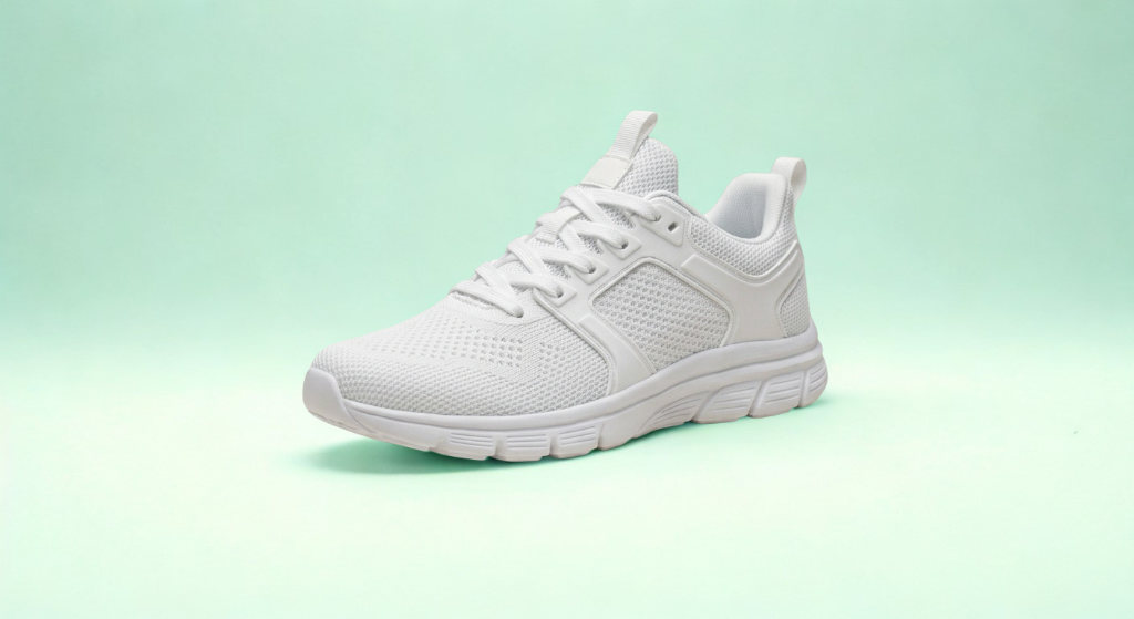 Product photo of a white sneaker on a mint green background