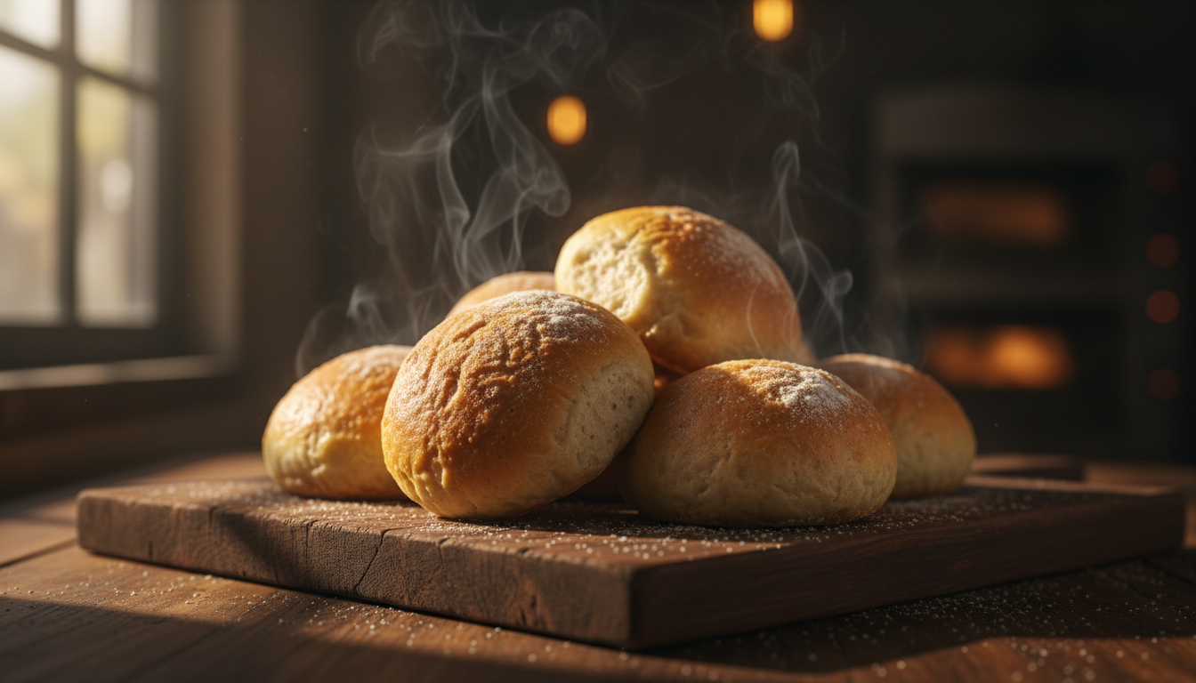 Freshly baked golden pandesal with steam rising
