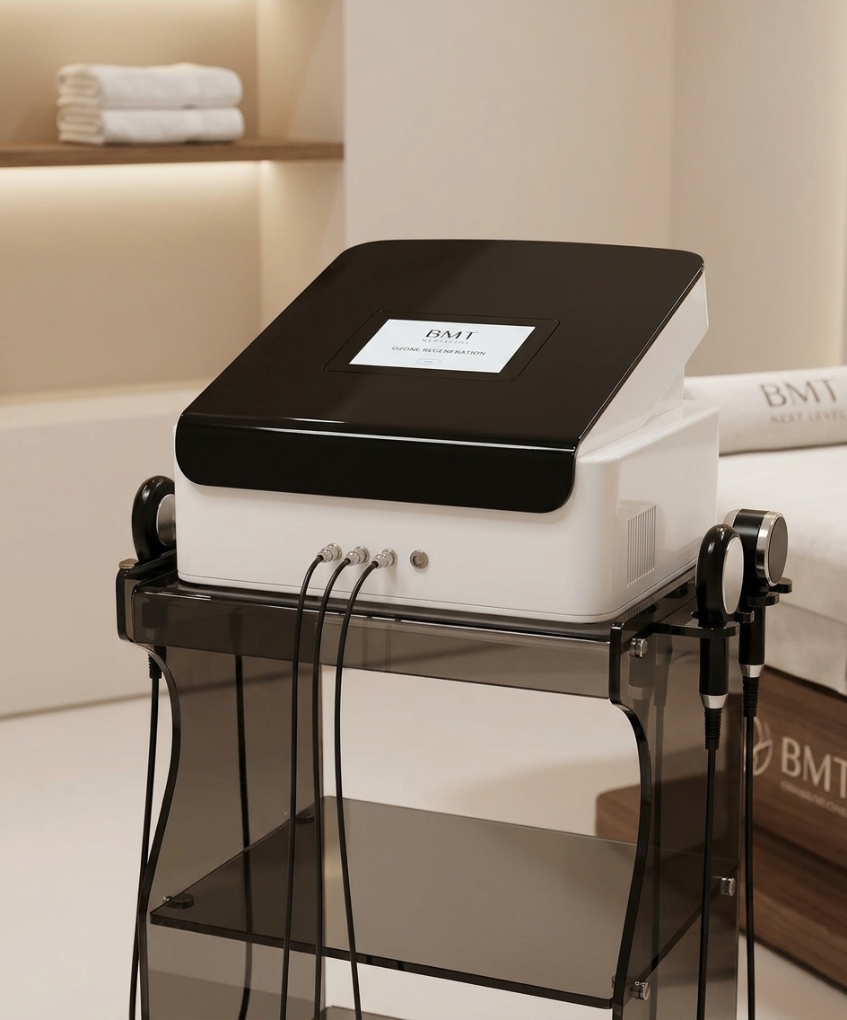 Macchinario BMT Ozone Regeneration su carrello in plexiglass fumé con lettino BMT Next Level in una cabina estetica professionale — Renewal Italy