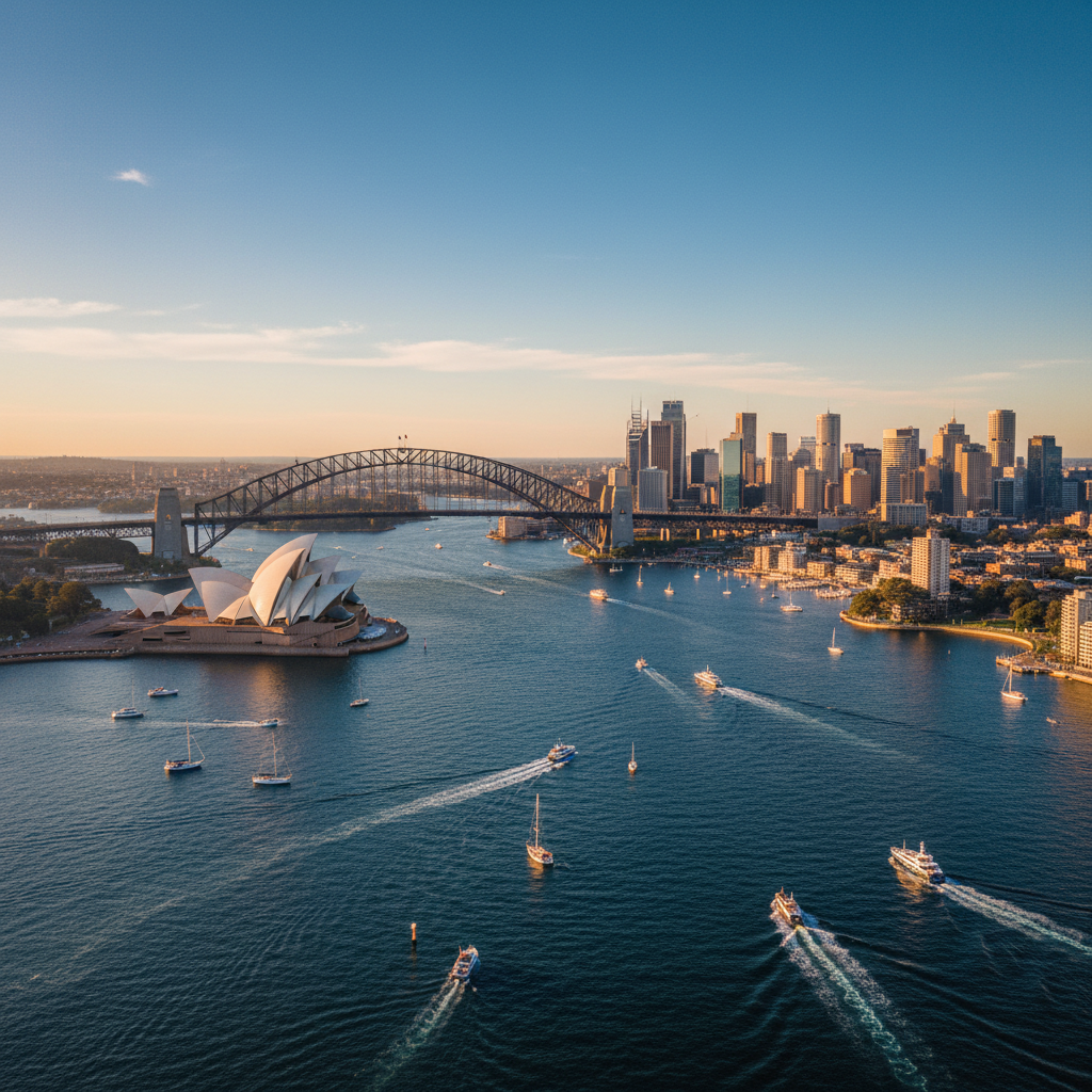 Aerial view of Sydney Harbour, the Opera House and the financial district at blue hour