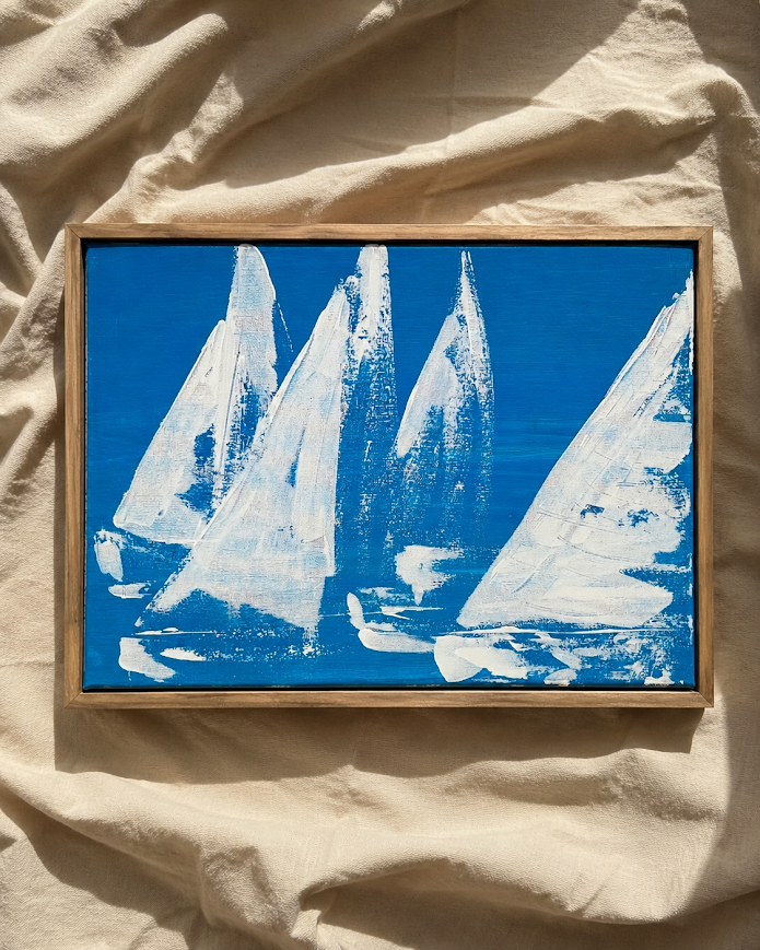 Abstract painting of white sailboat sails against a bold teal-blue background

*Please note: without an outside picture frame

250 ILS