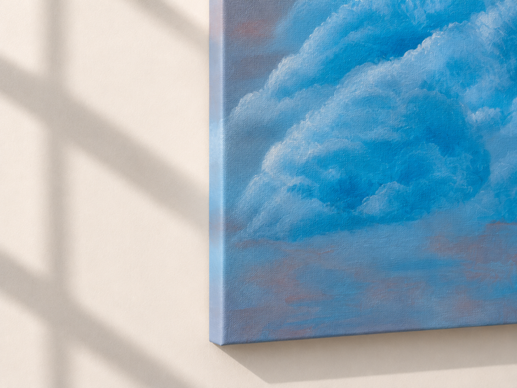 Textured abstract painting of fluffy blue and white clouds against a dusty pink and lavender sky.