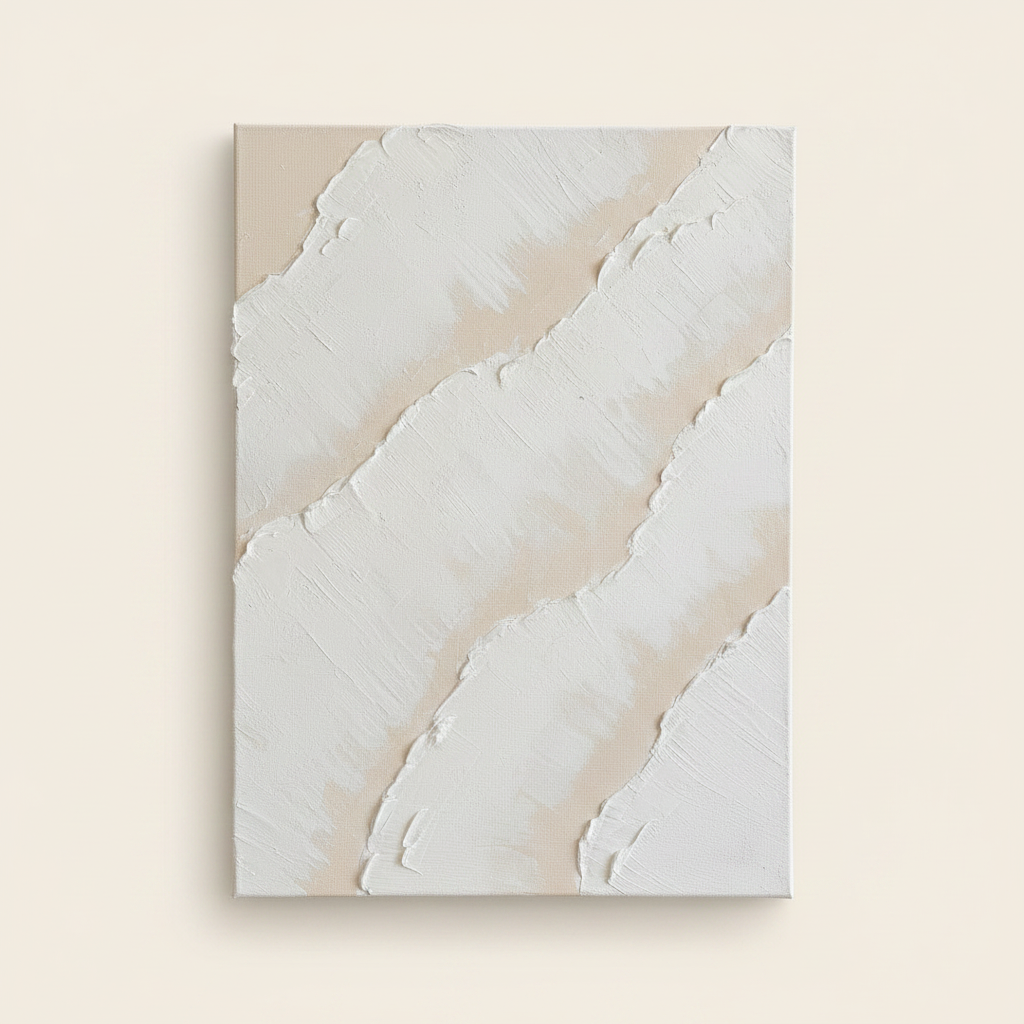 Textured white acrylic painting with raised diagonal ridge lines on canvas.