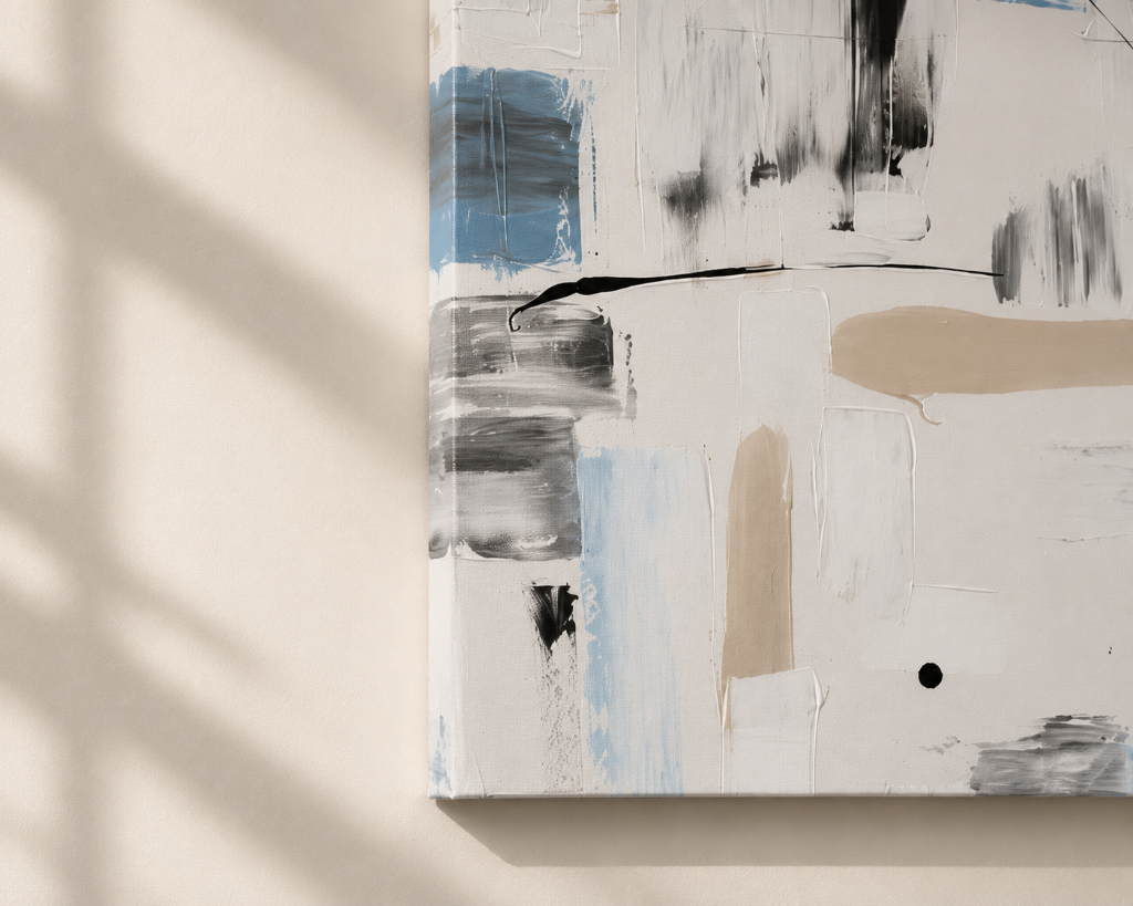 Modern abstract painting with geometric color-block brushstrokes in blue, grey, black and beige with black paint drips.