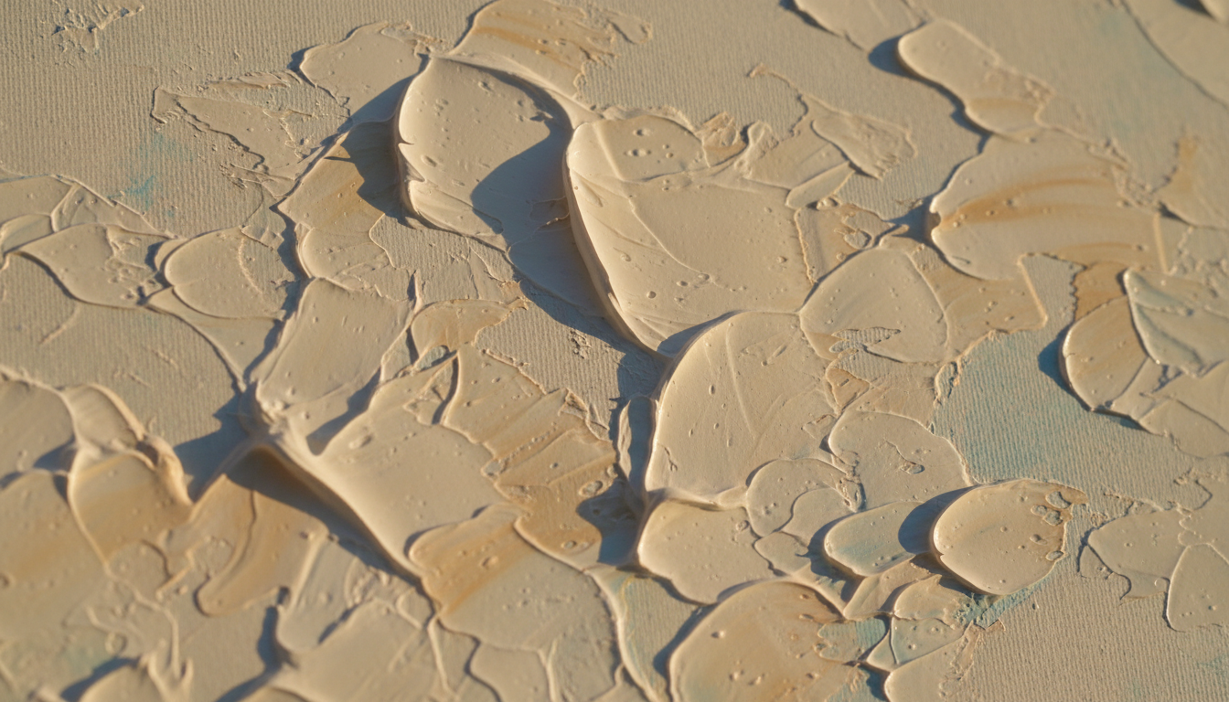 Close-up of thick, sandy-textured acrylic waves in shades of cream and beige