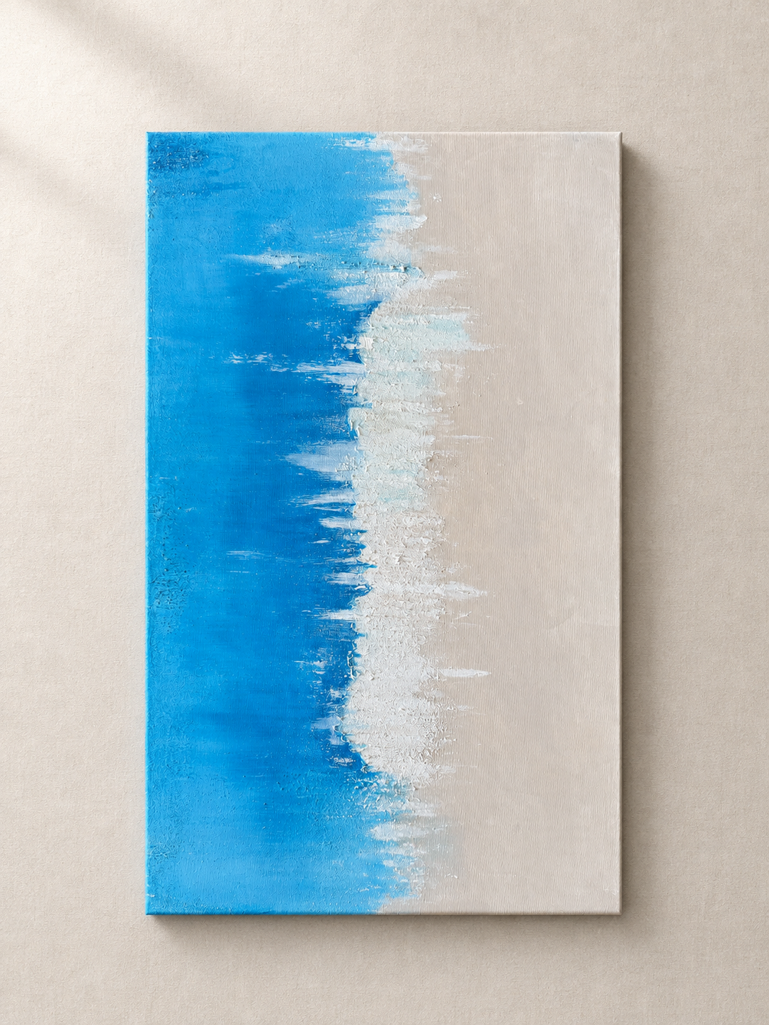 Original abstract painting in blue, ivory and white, with layered texture that adds depth and movement. Hand-painted on canvas and one of a kind.
