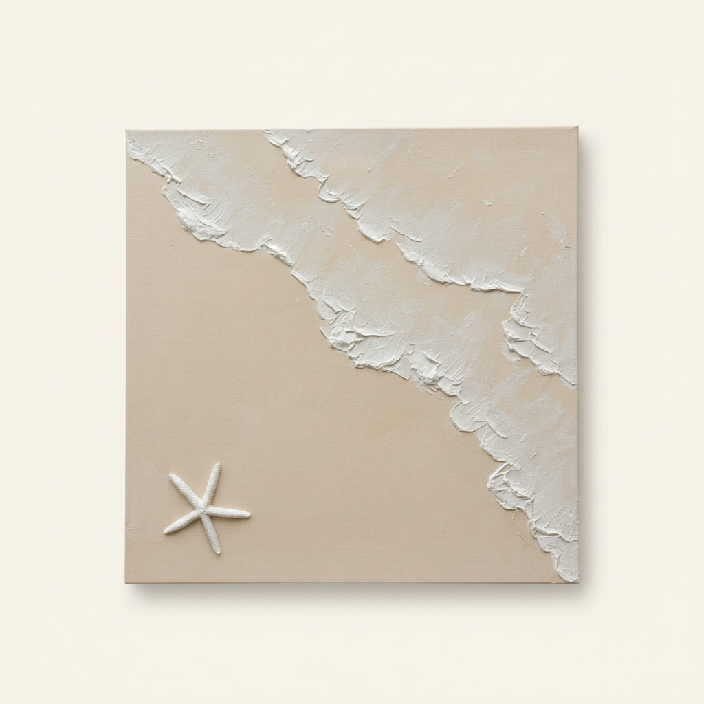 Minimalist sand-beige painting with a raised white textured wave shape and a sculpted white starfish detail.