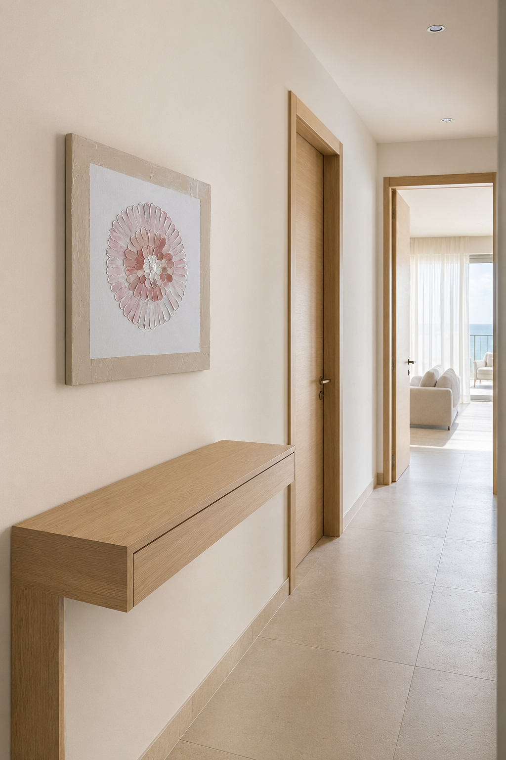Original textured artwork in soft pink, white and warm beige. The layered floral design adds texture and a gentle touch of color to hallways, bedrooms and living spaces. Hand-painted and one of a kind.