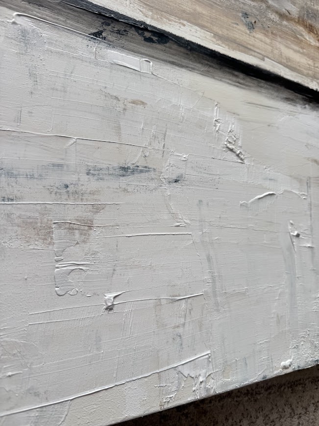 Abstract acrylic painting with bold black horizontal stripe dividing cream sky and textured grey landscape.