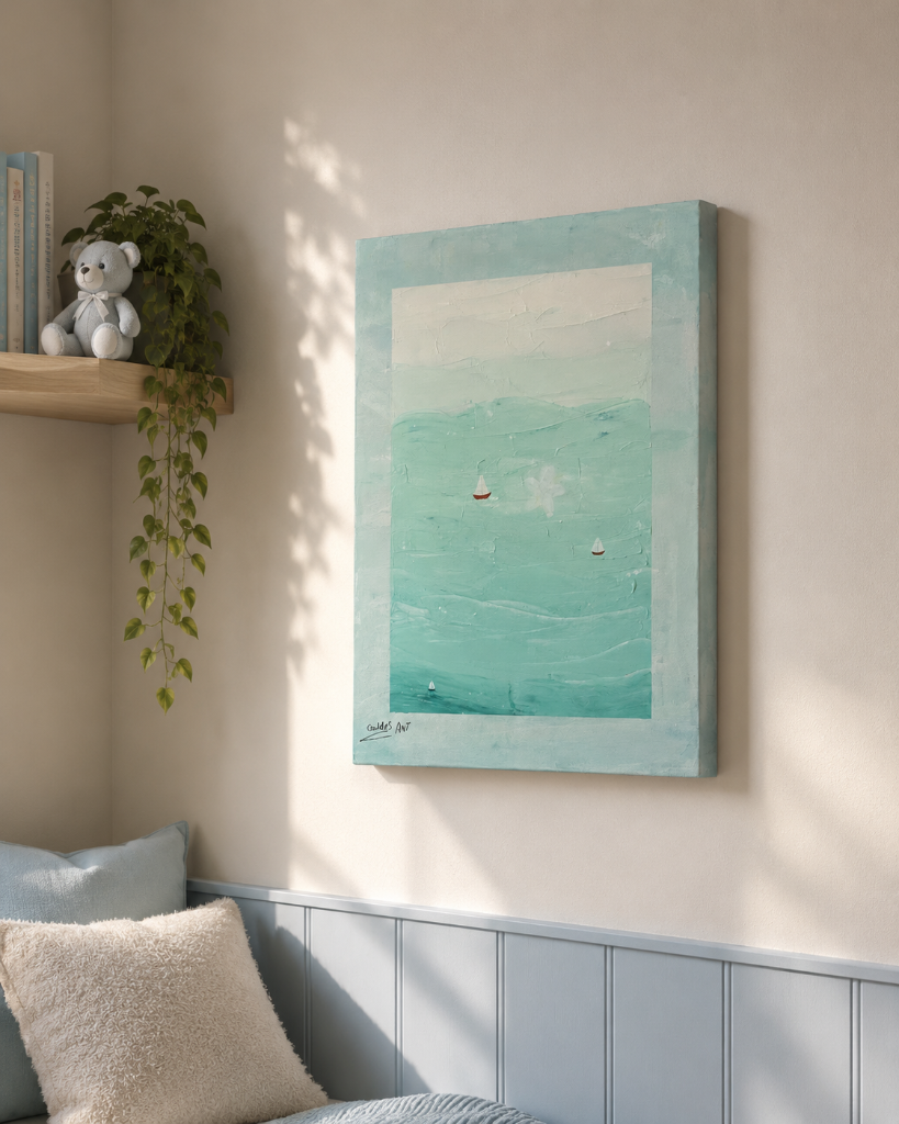 Seafoam green abstract seascape painting with three small white sailboats and sage-green painted border.