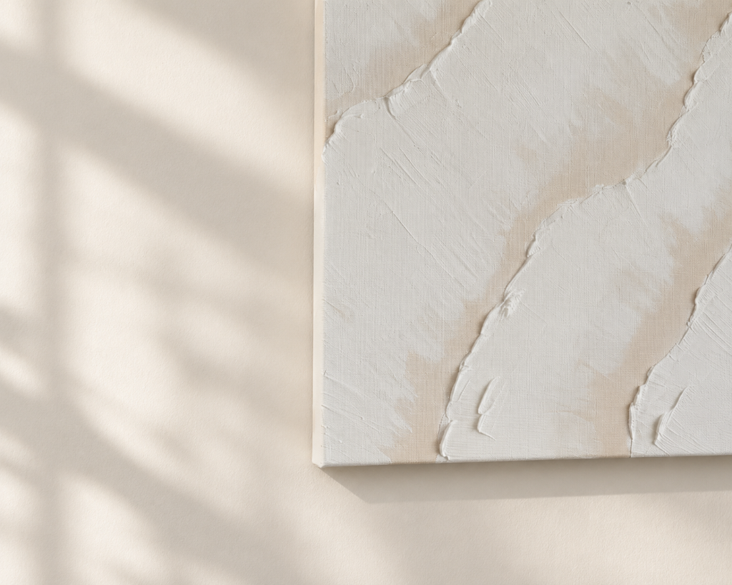 Textured white acrylic painting with raised diagonal ridge lines on canvas.