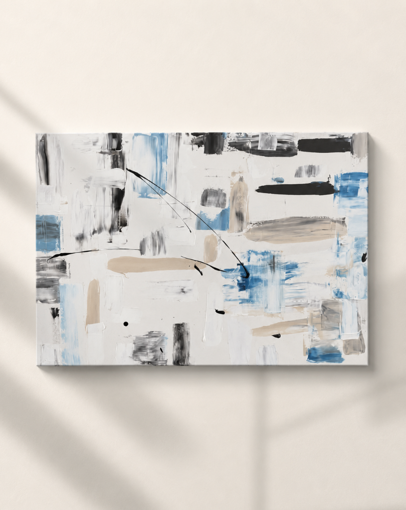 Modern abstract painting with geometric color-block brushstrokes in blue, grey, black and beige with black paint drips.