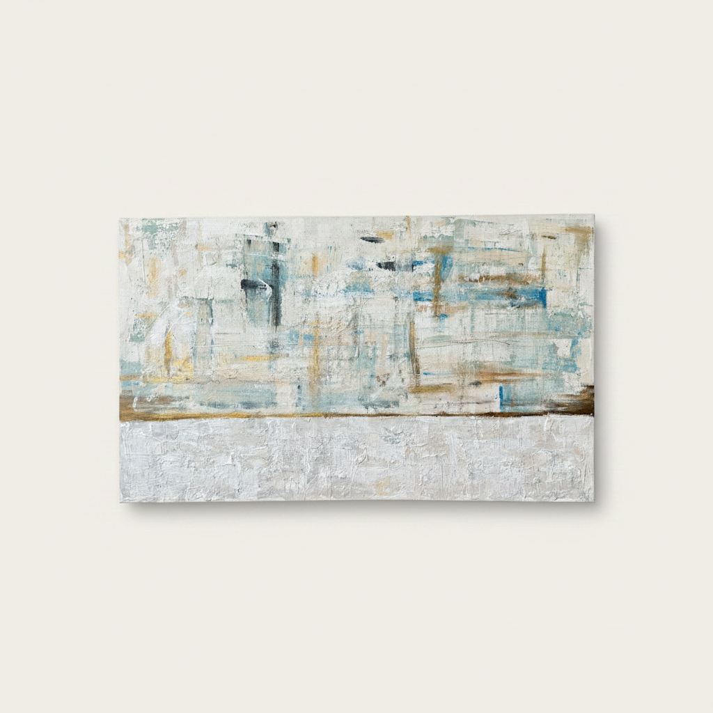 Textured abstract painting with weathered teal, sage-blue, gold and white horizontal brushstrokes.
