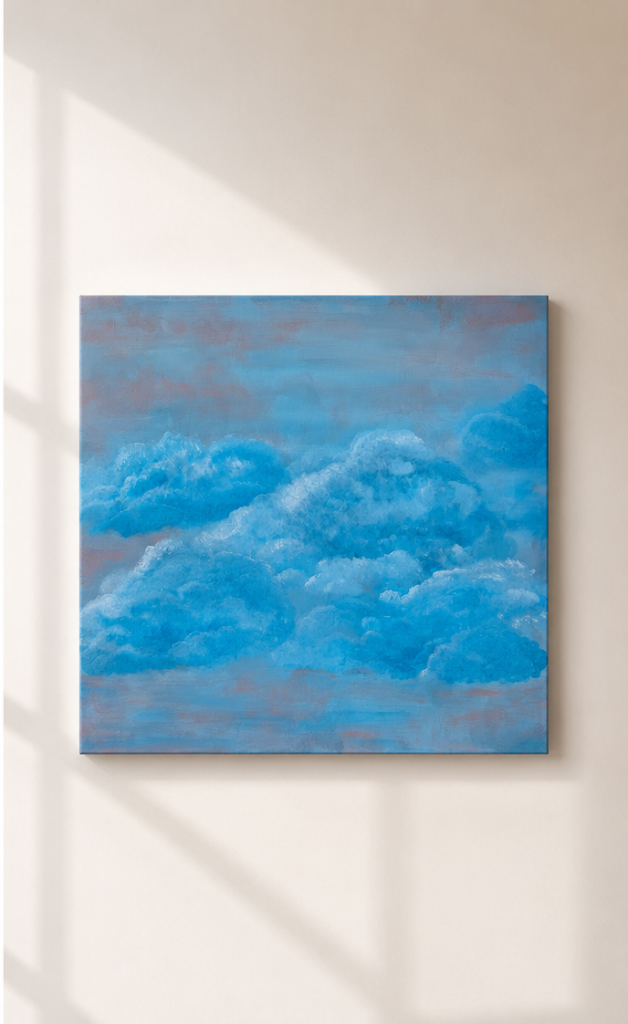 Textured abstract painting of fluffy blue and white clouds against a dusty pink and lavender sky.