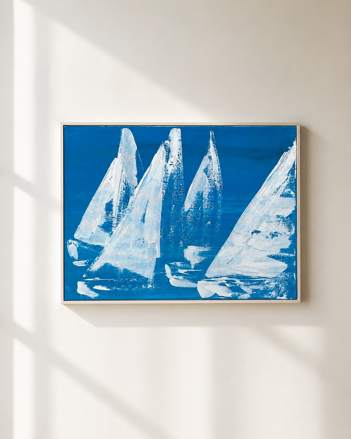 Abstract painting of white sailboat sails against a bold teal-blue background

*Please note: without an outside picture frame

250 ILS