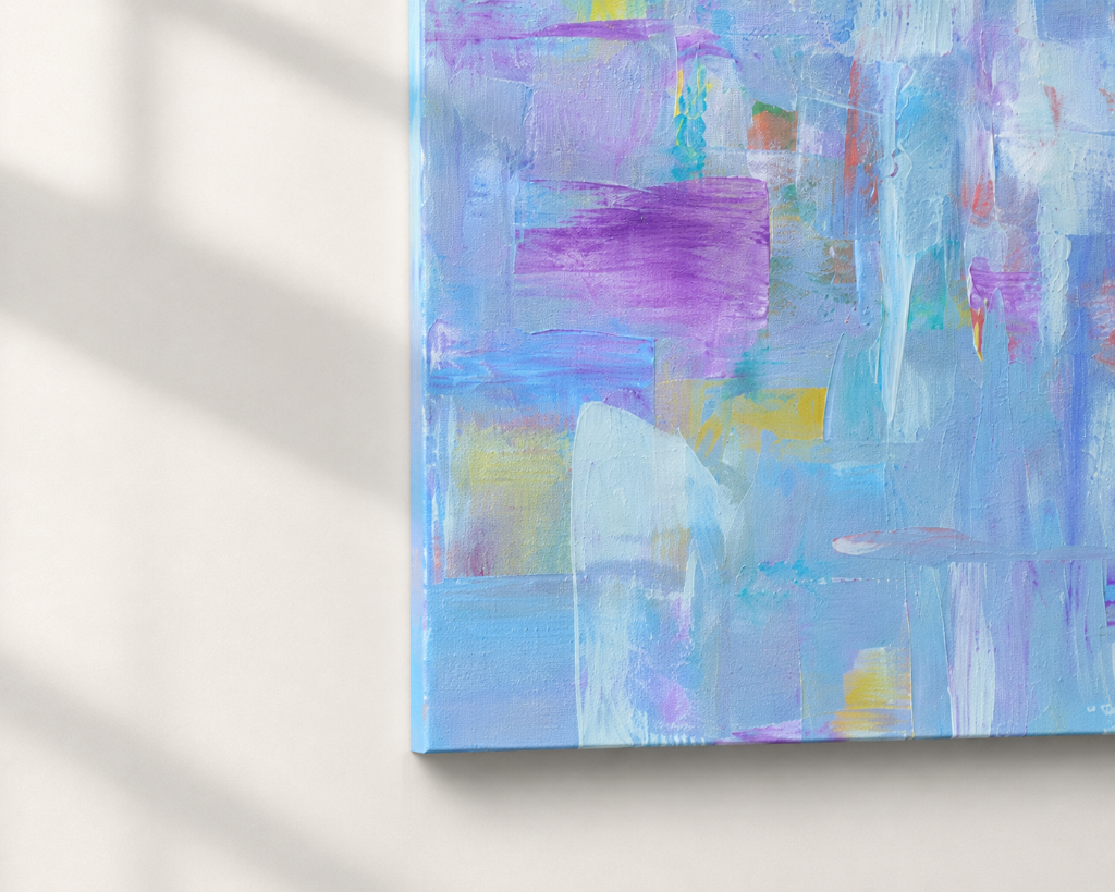 Abstract painting with soft pastel blue, purple, teal and yellow brushstrokes.