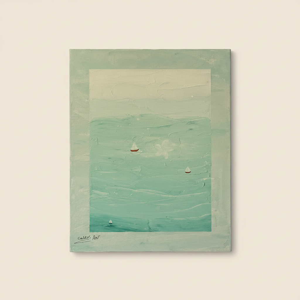 Seafoam green abstract seascape painting with three small white sailboats and sage-green painted border.