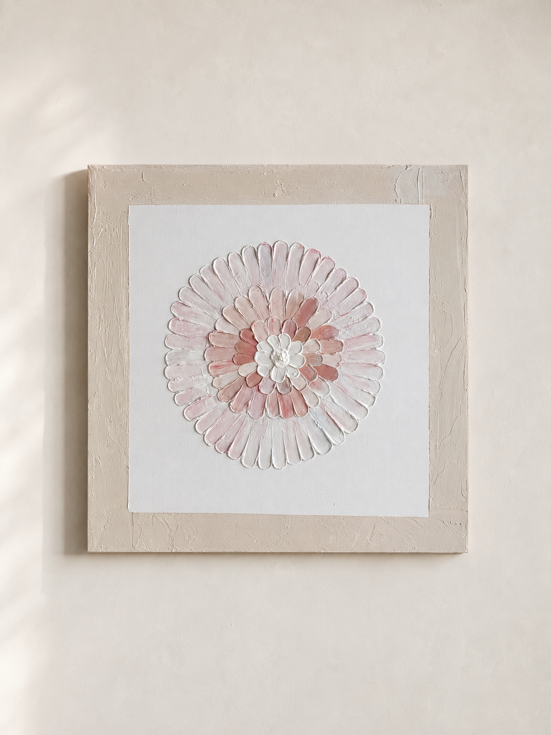 Original textured artwork in soft pink, white and warm beige. The layered floral design adds texture and a gentle touch of color to hallways, bedrooms and living spaces. Hand-painted and one of a kind.