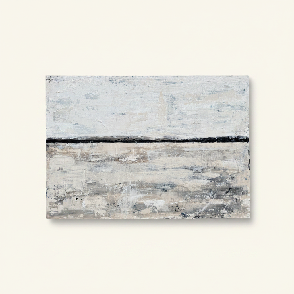 Abstract acrylic painting with bold black horizontal stripe dividing cream sky and textured grey landscape.