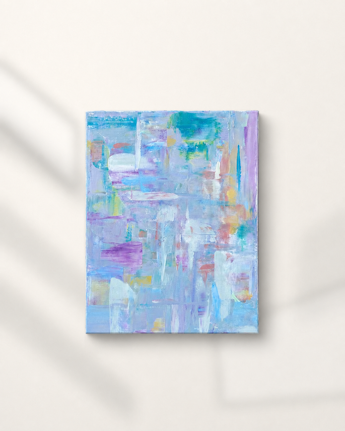 Abstract painting with soft pastel blue, purple, teal and yellow brushstrokes.