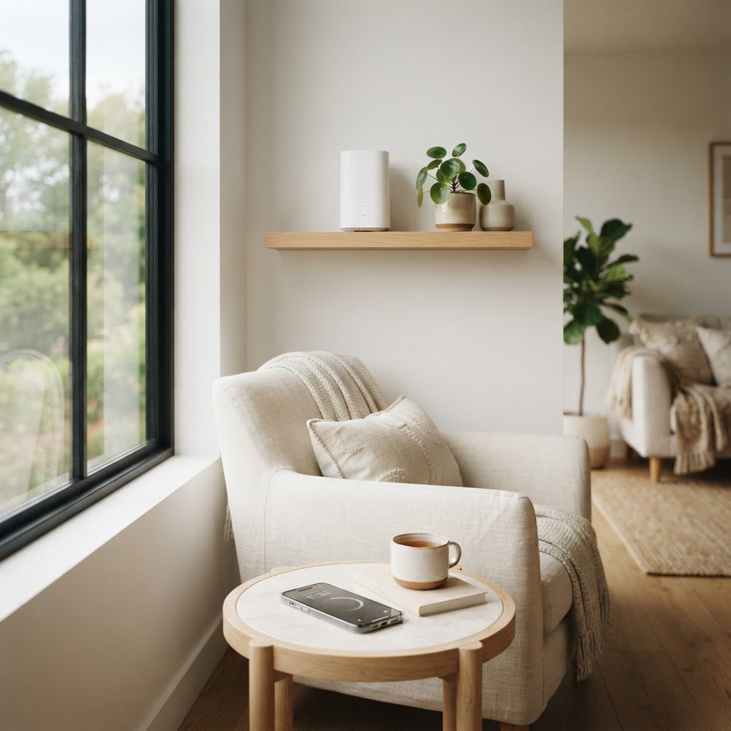 Router wifi y teléfono móvil en el salón de una vivienda