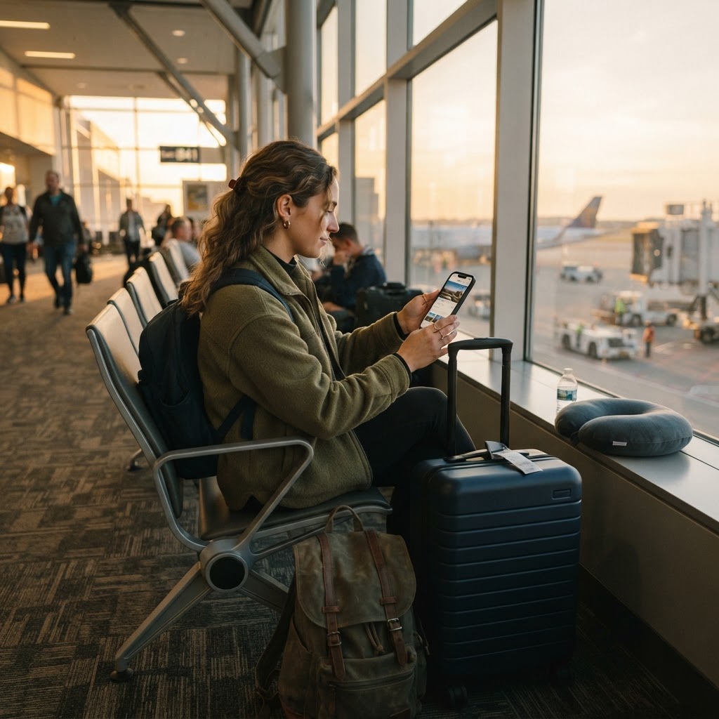 Viajero consultando el móvil en la sala de embarque de un aeropuerto