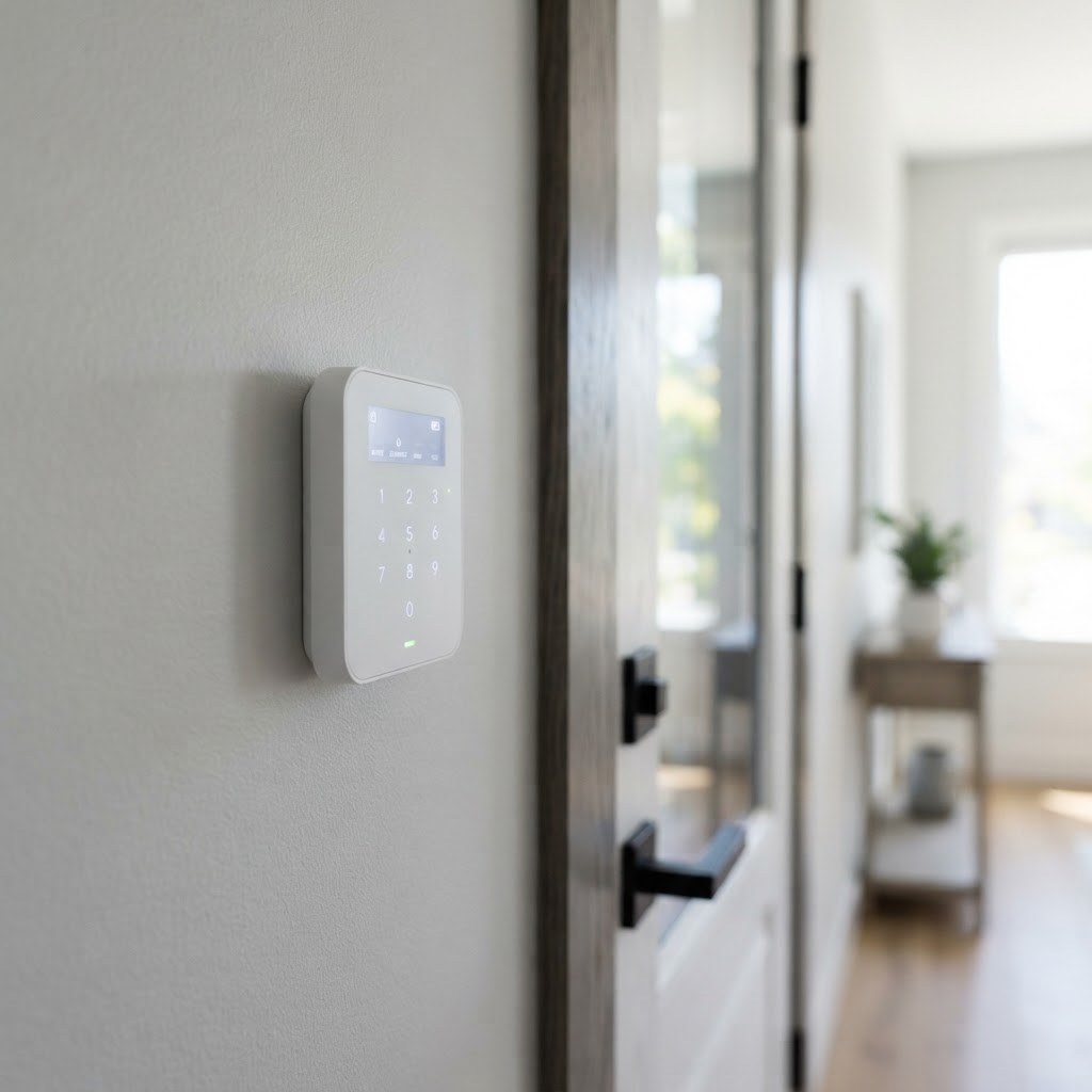 Teclado de alarma inalámbrica instalado junto a la puerta de entrada de una vivienda